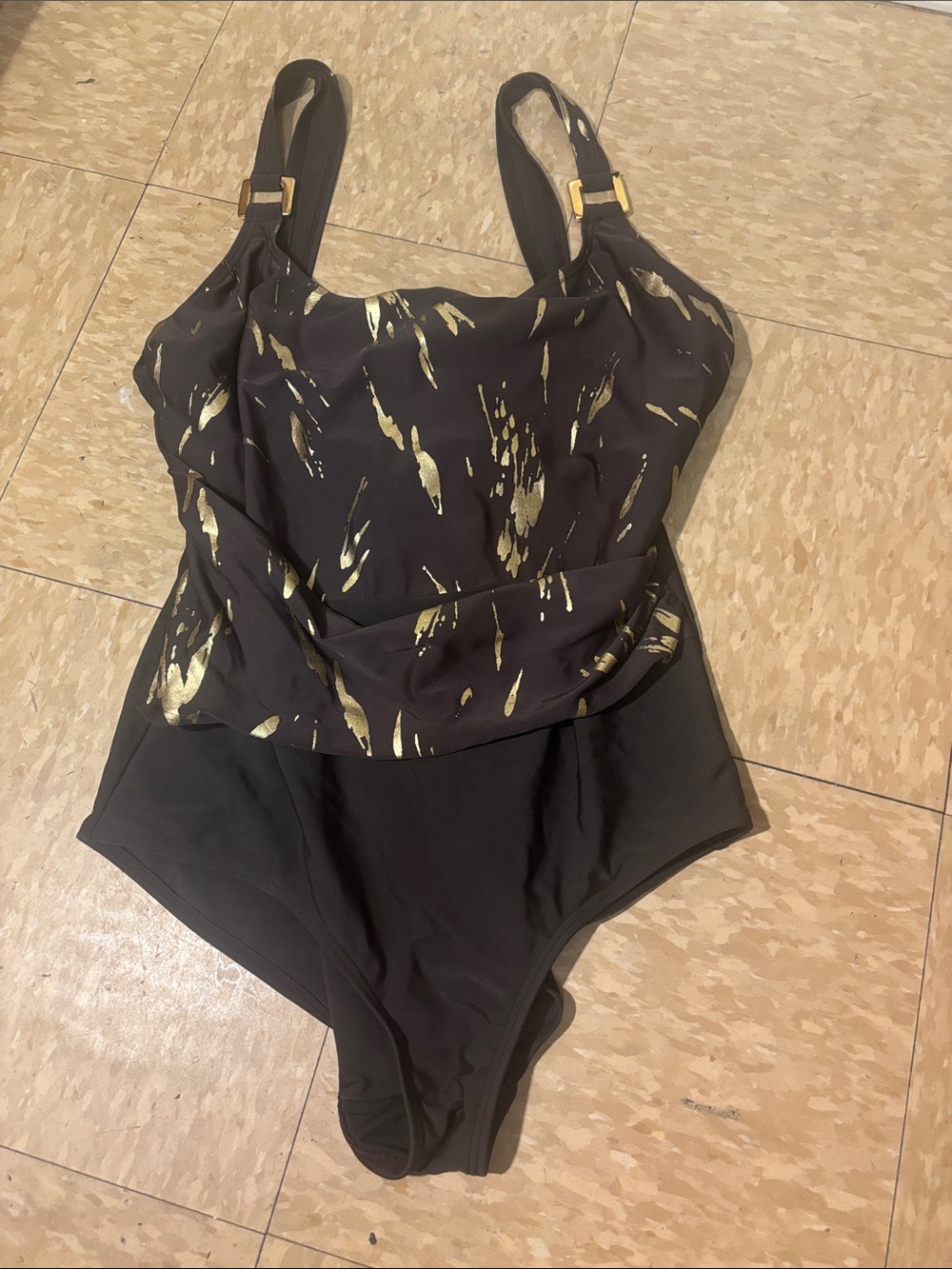Silhouette Black One-Piece Swimsuit with Gold Brushstroke Print